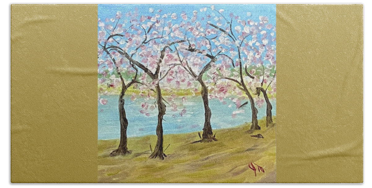 Cherry Blossoms Bath Towel featuring the painting Tuesday 2002 Full Bloom by John Macarthur