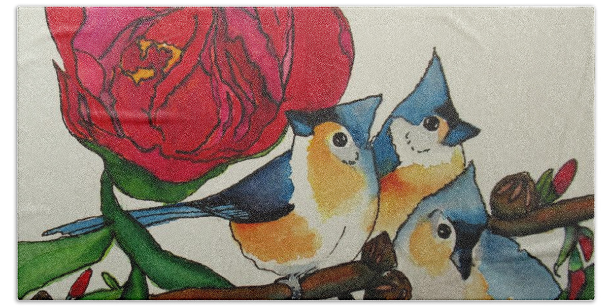 Tuffies Hand Towel featuring the painting Tufted Trio by Dale Bernard