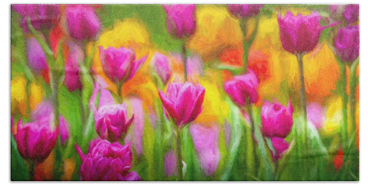 Tulips Bath Towel featuring the mixed media Tulip Celebration by Susan Rydberg