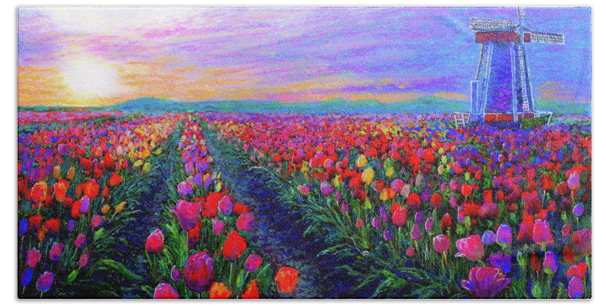 Landscape Bath Towel featuring the painting Tulip Fields, What Dreams May Come by Jane Small