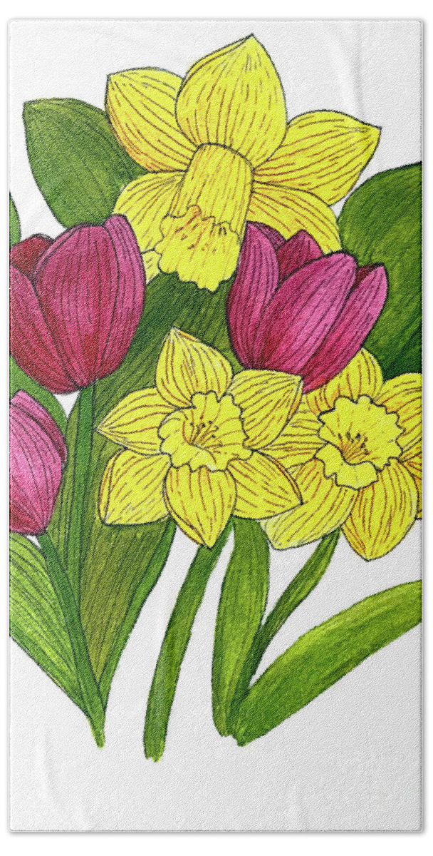 Daffodils Bath Towel featuring the mixed media Tulips and Daffodils by Lisa Neuman