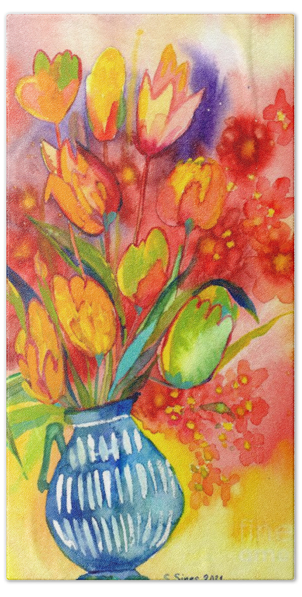 Striped Vase Hand Towel featuring the painting Tulips And Poppies In Striped Vase by Suzann Sines