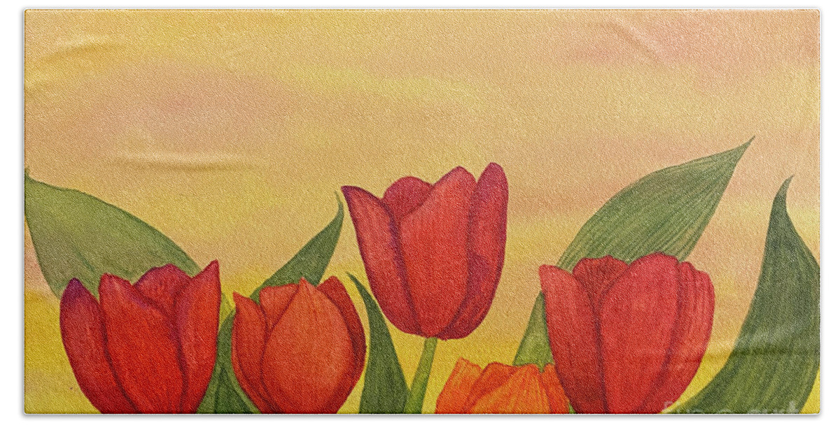Tulips Bath Towel featuring the painting Tulips at Sunset by Lisa Neuman