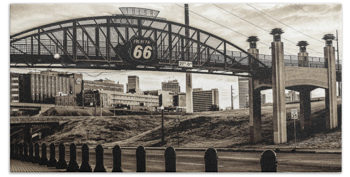 Route 66 Hand Towel featuring the photograph Tulsa Route 66 Avery Plaza Bridge Sepia Panorama by Gregory Ballos