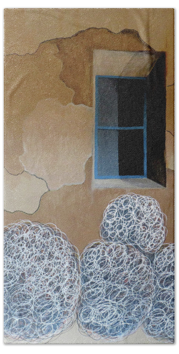 Southwest Bath Towel featuring the painting Tumbleweeds at window by Ted Clifton