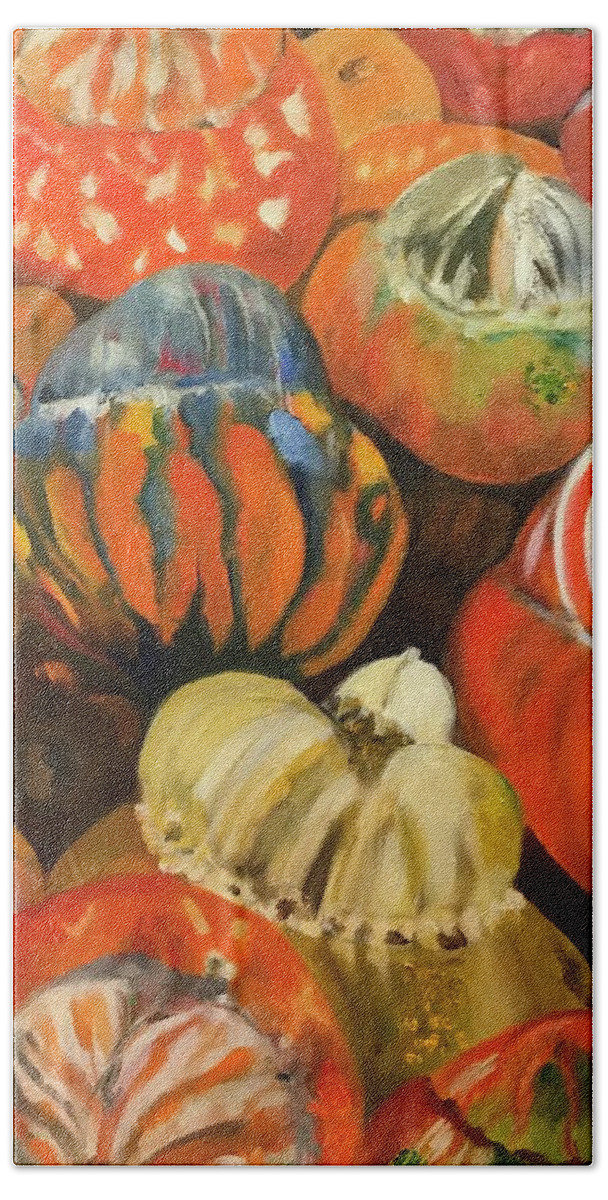 Turban Squash Hand Towel featuring the painting Turbans From My Fall Garden by Juliette Becker