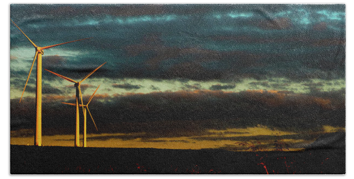 Turbines Hand Towel featuring the photograph Turbines turn in the Sunset by Max Blinkhorn