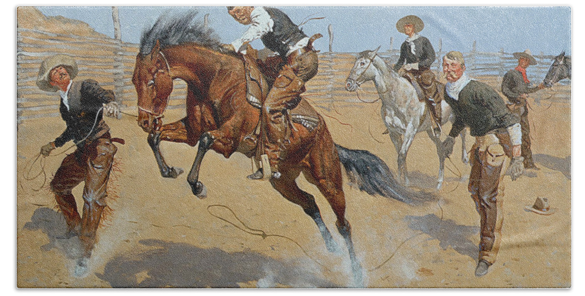 Turn Him Loose Hand Towel featuring the painting Turn Him Loose by Frederic Remington