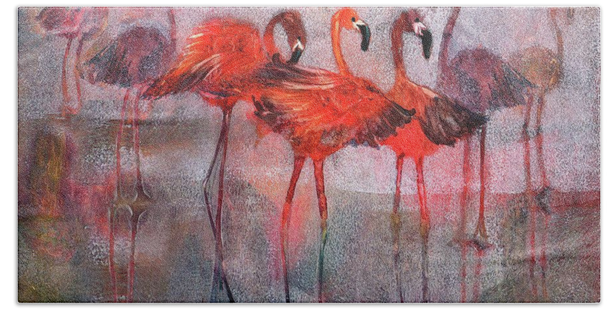 Flamingos Bath Towel featuring the painting Turner's Flamingos by Lucy Lemay