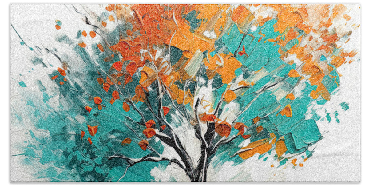 Turquoise Art Hand Towel featuring the painting Turquoise and Orange Tree Art by Lourry Legarde