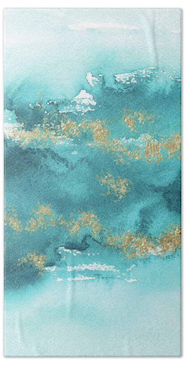 Turquoise Blue Bath Towel featuring the painting Turquoise Blue, Gold And Aquamarine by Garden Of Delights