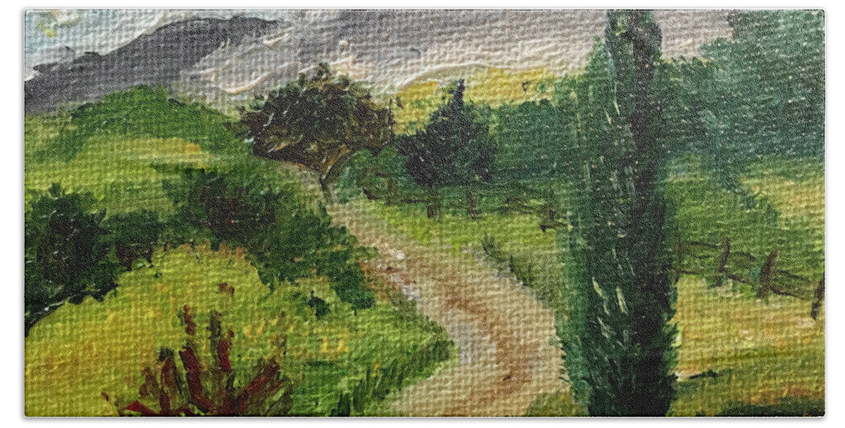 Tuscany Bath Towel featuring the painting Tuscan Winding Road by Roxy Rich
