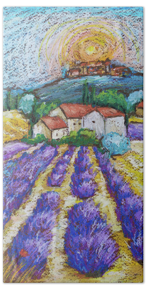 Tuscany Lavender Painting Landscape Original Art Farm Fields Artwork  Original Oil Pastel Drawing Bath Towel by Kristina Timofeeva - Pixels