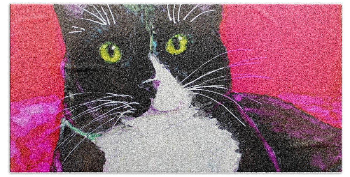 Cat Bath Towel featuring the painting Tuxedo by Ruth Kamenev