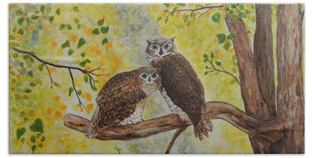 Wildlife Hand Towel featuring the painting Twin Owls by Vallee Johnson