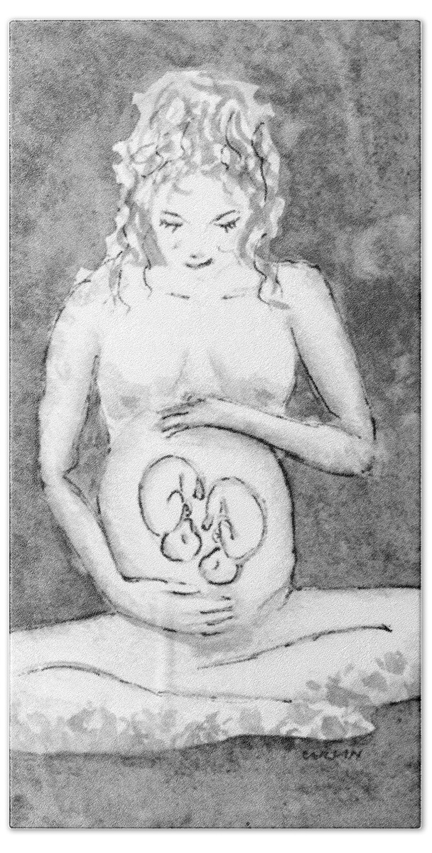 Twins Bath Towel featuring the painting Twin Pregnancy Black and White by Carlin Blahnik CarlinArtWatercolor