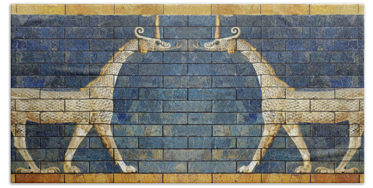 Babylonian Dragons Bath Towel featuring the photograph Two Babylonian Dragons by Weston Westmoreland