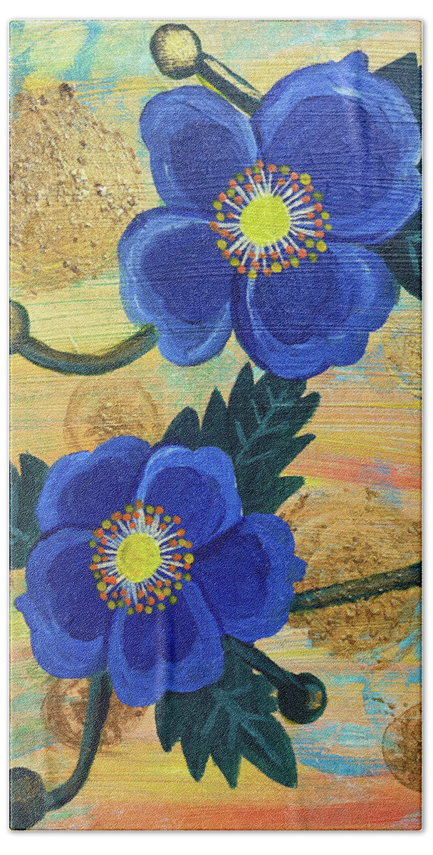Gold Bath Towel featuring the painting Two Blue Flowers by Christina Wedberg