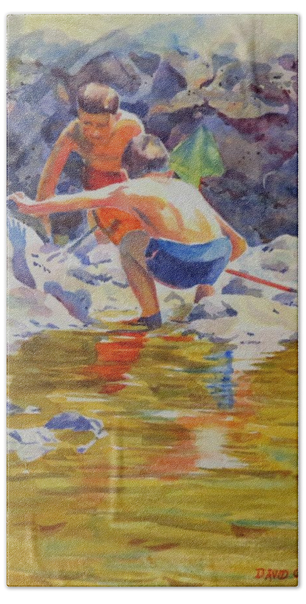 Landscape Bath Towel featuring the painting Two Boys Fishing-G.Berry #72 by David Gilmore