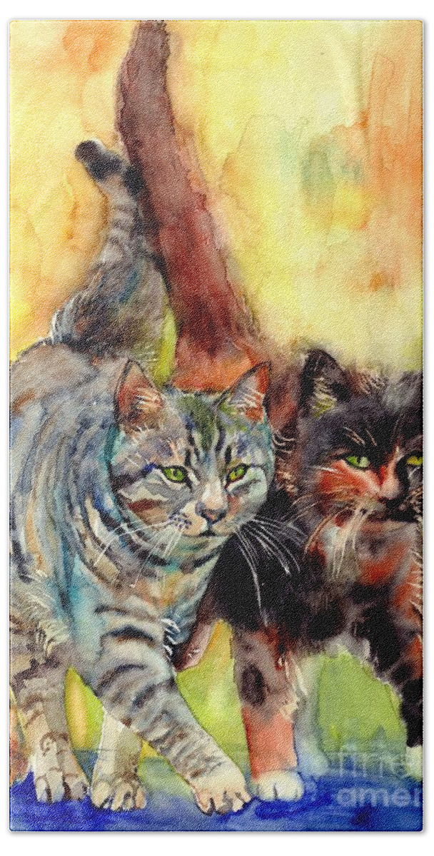 Cats On The Prowl Bath Sheet featuring the painting Two Cats On The Prowl by Suzann Sines
