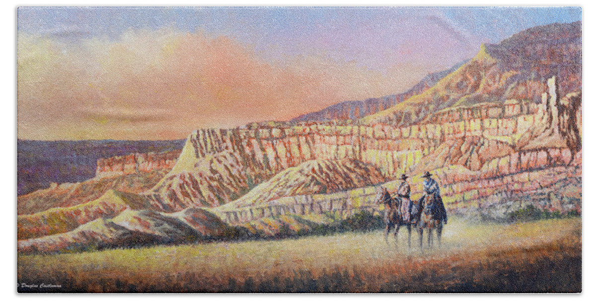 Landscape Bath Towel featuring the painting Two Cowboys by Douglas Castleman