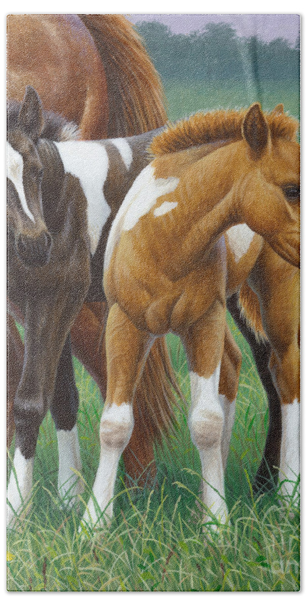 Cynthie Fisher Bath Towel featuring the painting Two Foals, Horses by Cynthie Fisher