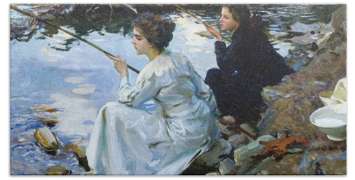 John Singer Sargent Hand Towel featuring the painting Two Girls Fishing, 1912 by John Singer Sargent