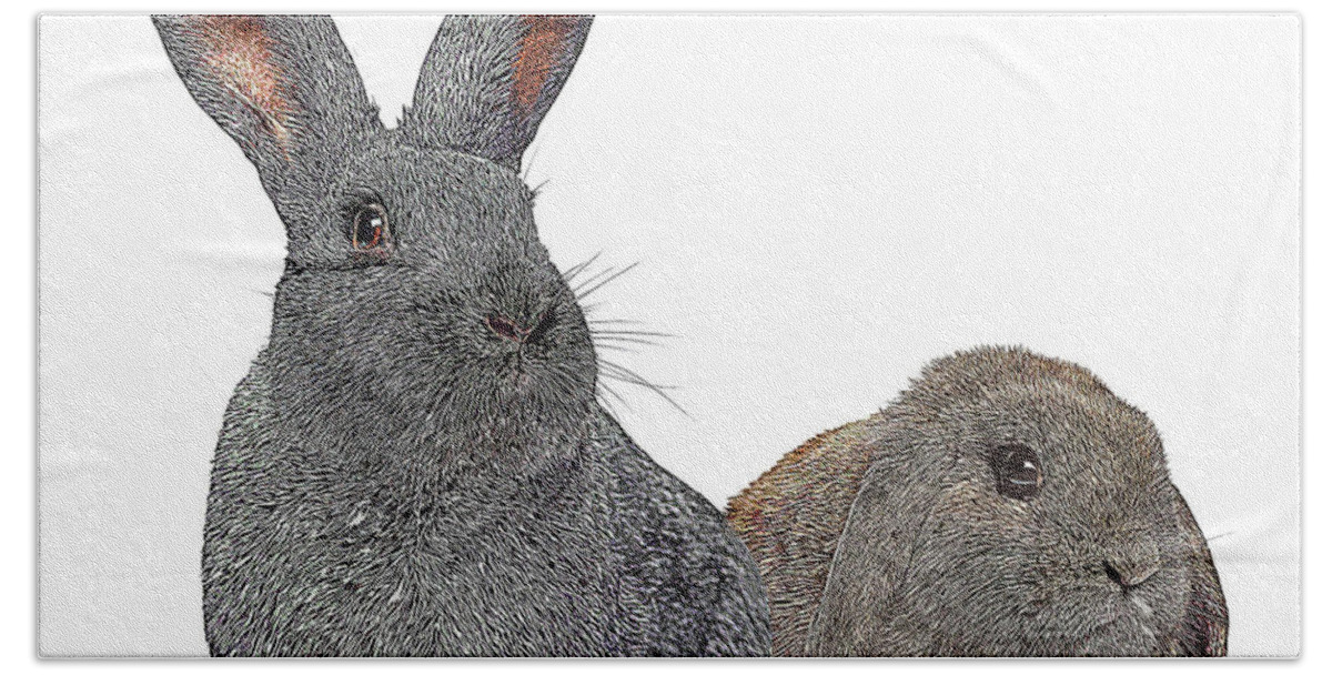 Argente Rabbit Bath Towel featuring the painting Two Little Angel, Argente Rabbit and Holland Lop Rabbit by Custom Pet Portrait Art Studio