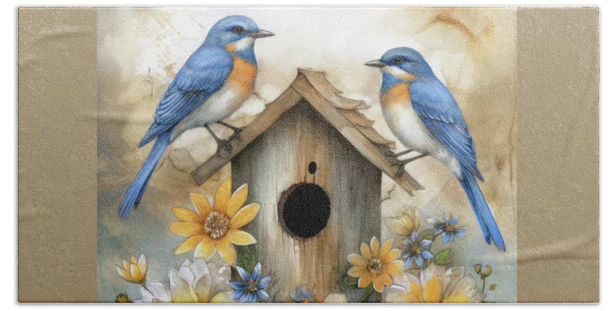 Bluebirds Bath Towel featuring the painting Two Lovely Bluebirds by Tina LeCour