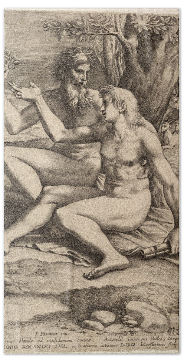 Lucas Vorsterman Bath Towel featuring the drawing Two Nude Shepherds by Lucas Vorsterman