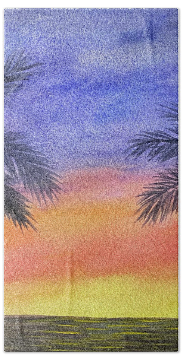 Palm Trees Bath Towel featuring the painting Two Palm Trees at Sunset by Lisa Neuman