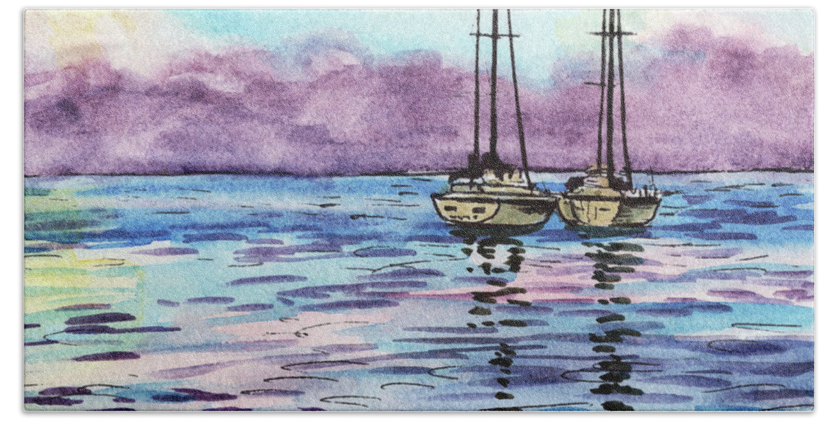 Boats Bath Towel featuring the painting Two Sailboats Resting In The Ocean Purple Clouds Watercolor Beach Art by Irina Sztukowski