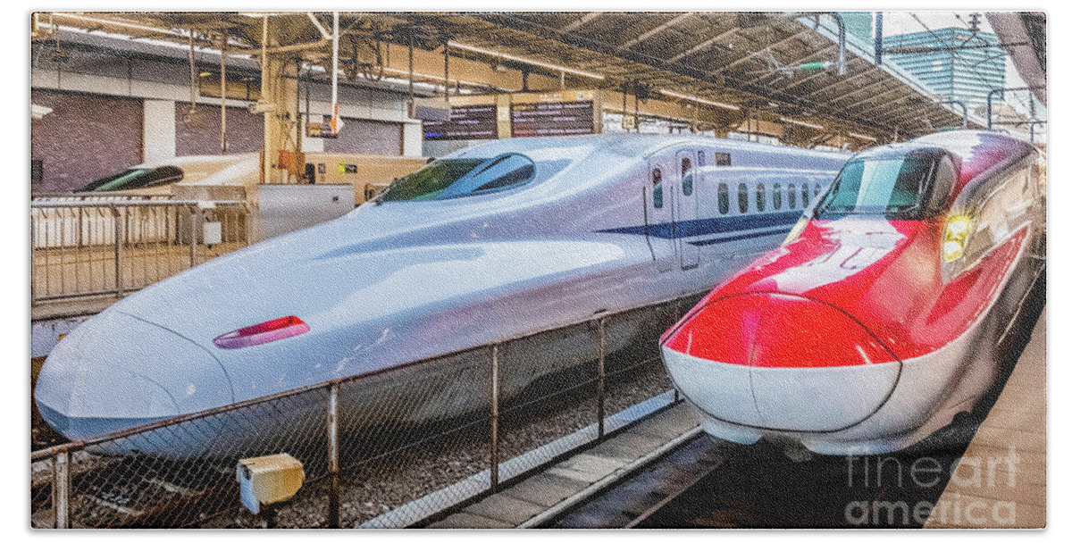 Shinkansen Bath Towel featuring the photograph Two Shinkansen at the Tokyo Station by Lyl Dil Creations