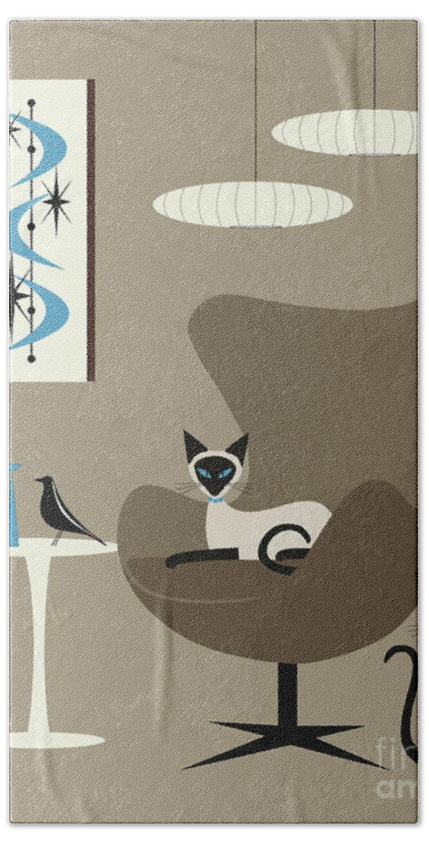 Mid Century Cat Bath Towel featuring the digital art Two Siamese in Mid Century Brown Chair by Donna Mibus