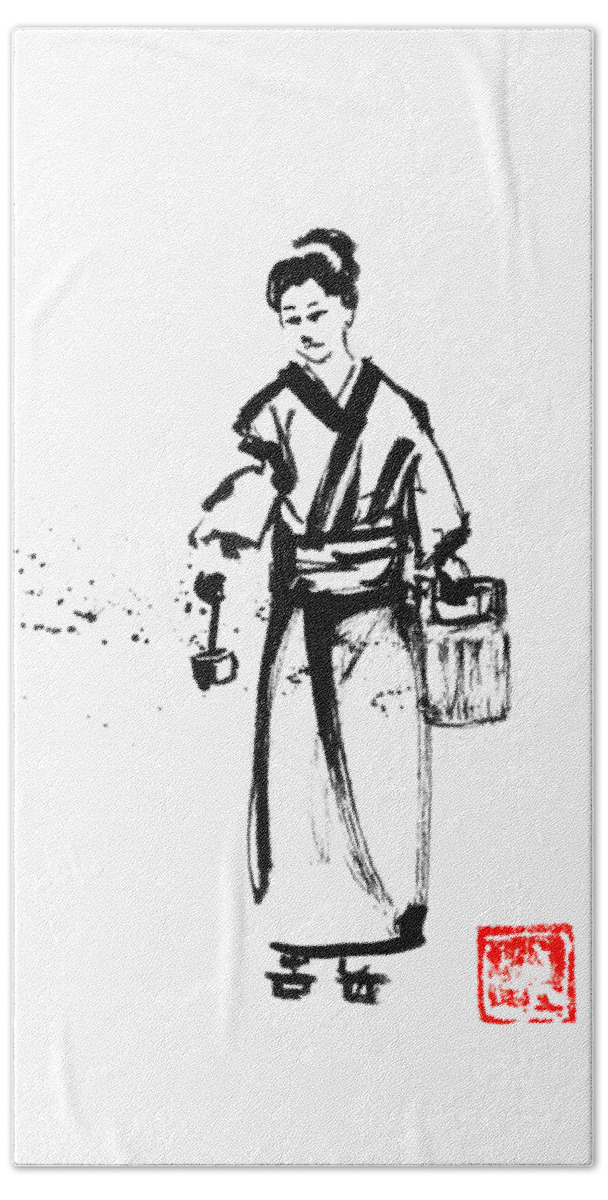 Sumie Hand Towel featuring the drawing Uchimizu by Pechane Sumie