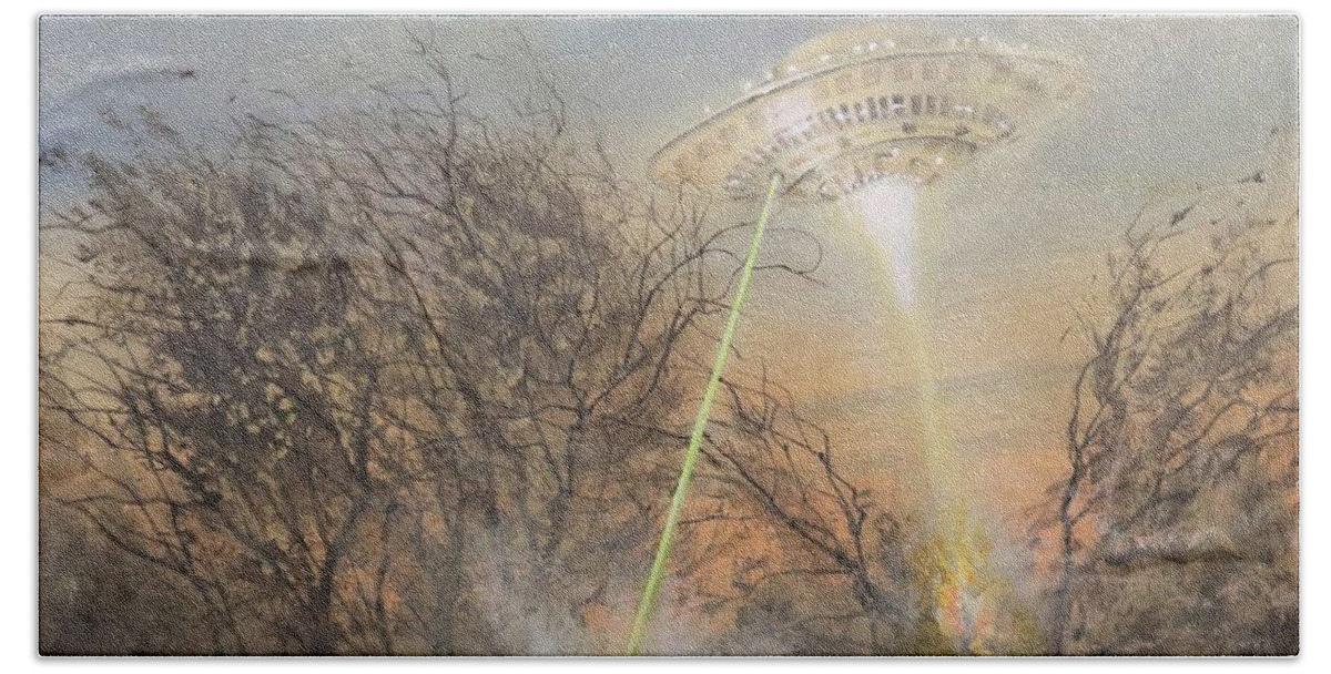 Ufo's Hand Towel featuring the painting UFO Alien Invasion by Tom Shropshire