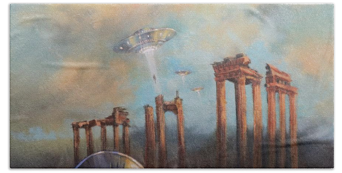 Ufo's Bath Towel featuring the painting UFOs A Rescue Party by Tom Shropshire