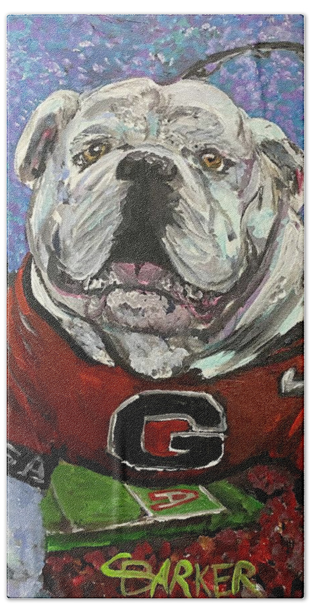 Uga Hand Towel featuring the painting Uga with Sanford Stadium and Arch by Chad Barker