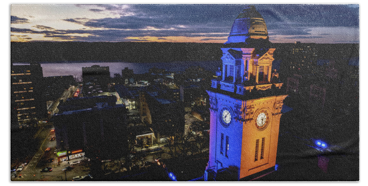 City Hall Bath Towel featuring the photograph Ukrainian national colors illuminate city hall by Kevin Suttlehan