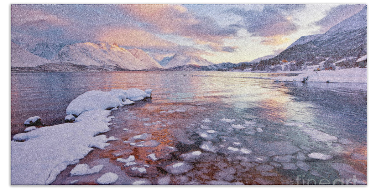 Norway Fjords Bath Towel featuring the photograph Ullsfjord and the Lyngen Alps at sunset, Troms, Norway by Neale And Judith Clark