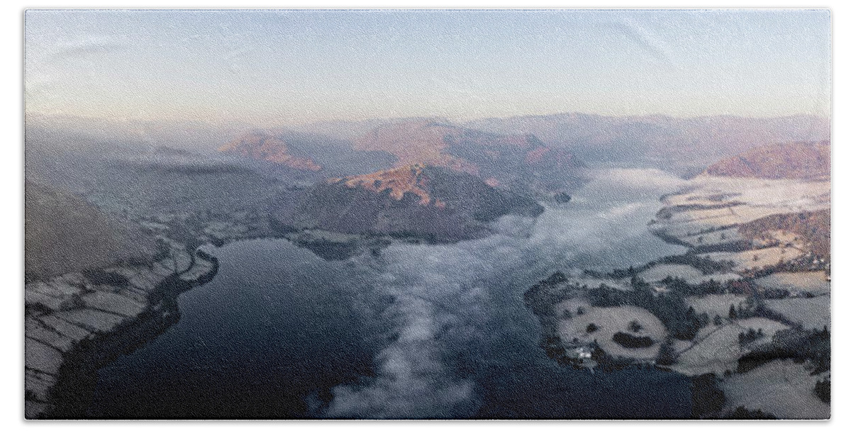 Panorama Bath Towel featuring the photograph Ullswater lake sunrise aerial lake district mist by Sonny Ryse