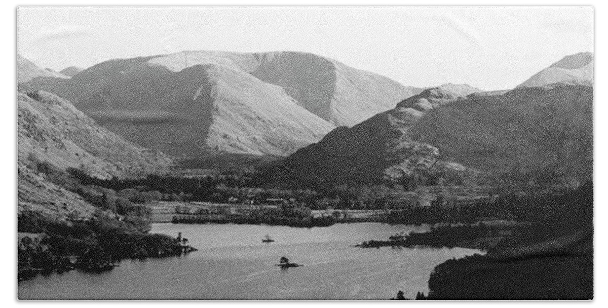 Panorama Bath Towel featuring the photograph Ulswater and Glenridding Black and White Lake District by Sonny Ryse