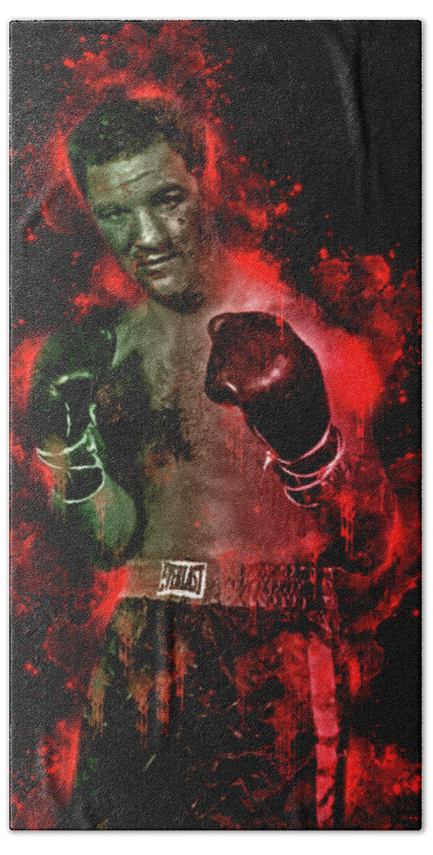 Rocky Marciano Hand Towel featuring the mixed media Undefeated Rocky Marciano by Pheasant Run Gallery
