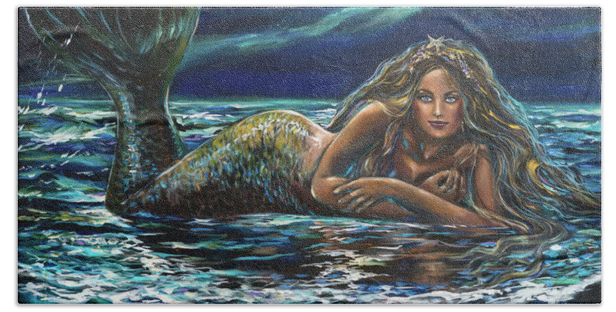 Mermaid Bath Towel featuring the painting Under a Crescent Moon by Linda Olsen