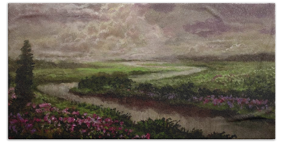Mauve Bath Towel featuring the painting Under A Mauve Sky. Landscape Lifts Upward. by Rand Burns