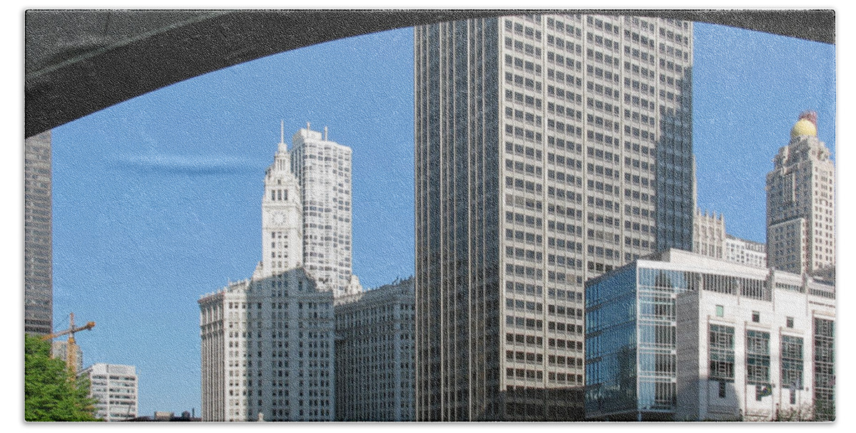 Under North Columbus Drive Bath Towel featuring the photograph Under North Columbus Drive -- Buildings along the Chicago River in Chicago, Illinois by Darin Volpe