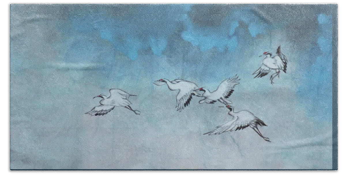 Cranes Hand Towel featuring the painting Under the Clouds by Vina Yang