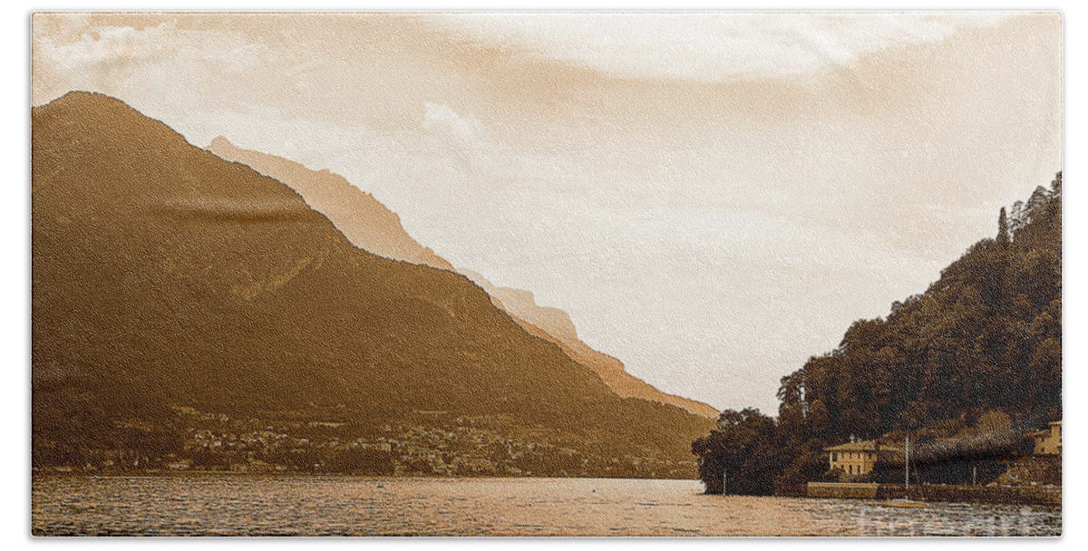  Promontory Hand Towel featuring the photograph Unfurling Sepia Perspective of Lake Como by Brenda Kean