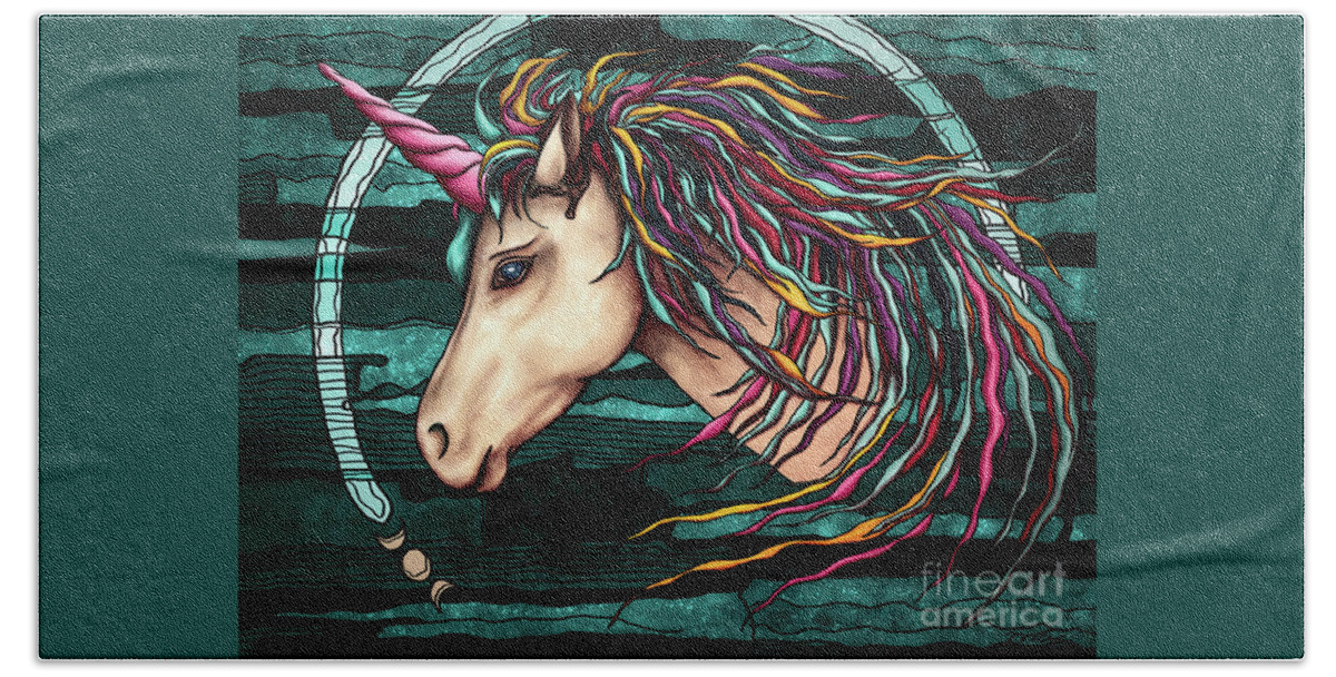 Unicorn Hand Towel featuring the painting Boho unicorn with moon phases, rainbow unicorn by Nadia CHEVREL