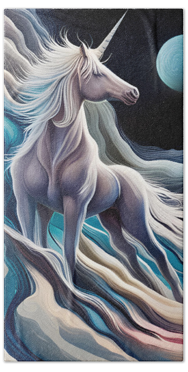Unicorn Hand Towel featuring the digital art Unicorn On The Moon by Jason Denis